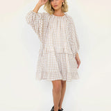 WILD HORSES Lola Mini Dress in Beige Gingham