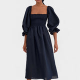 SLEEPER Atlanta Linen Dress in Navy